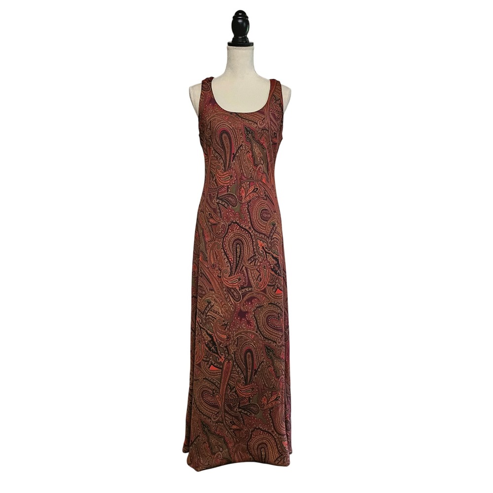Vintage Y2K Burgundy Paisley Sleeveless Maxi Dress Size 14 Boho Retro Earthy